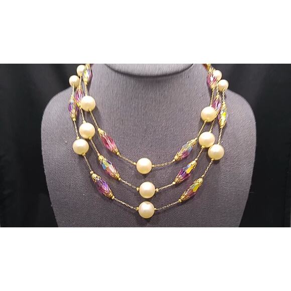 Vintage 1960s Pink Crystal Necklace 3 Strand Aurora Borealis Faux Pearl Beads - Picture 2 of 8
